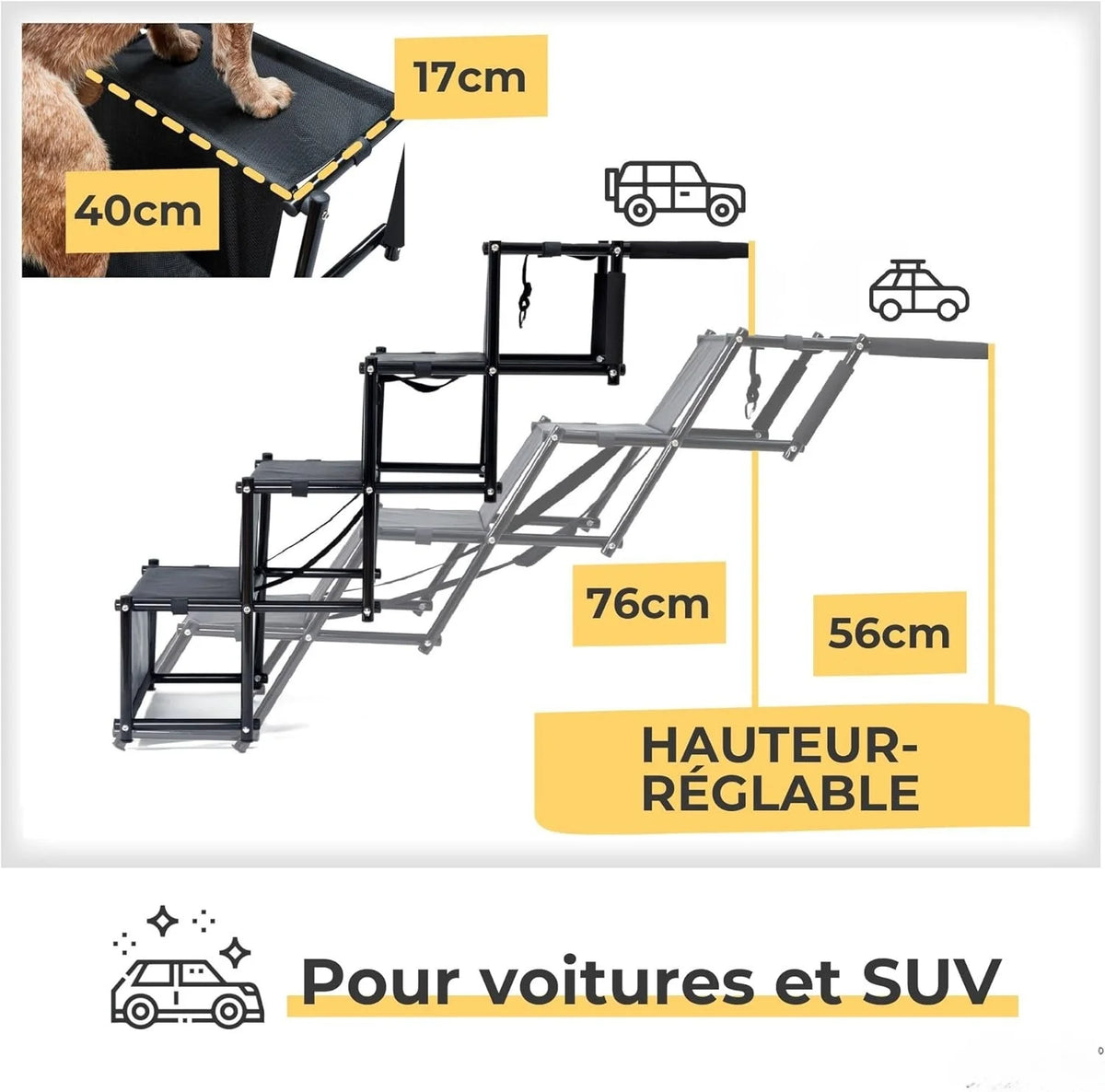 Dimensions de l'escalier pour chien, hauteur réglable