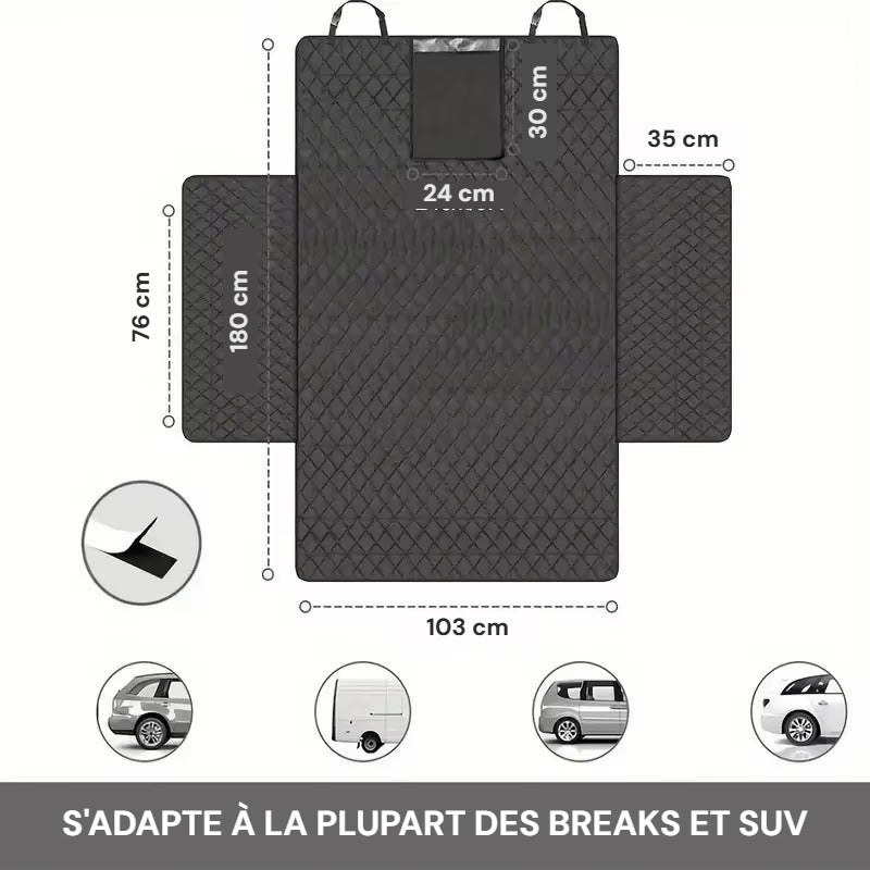 Dimensions de la protection de coffre PatMoov : 180 x 103 cm, rabats 76 x 35 cm