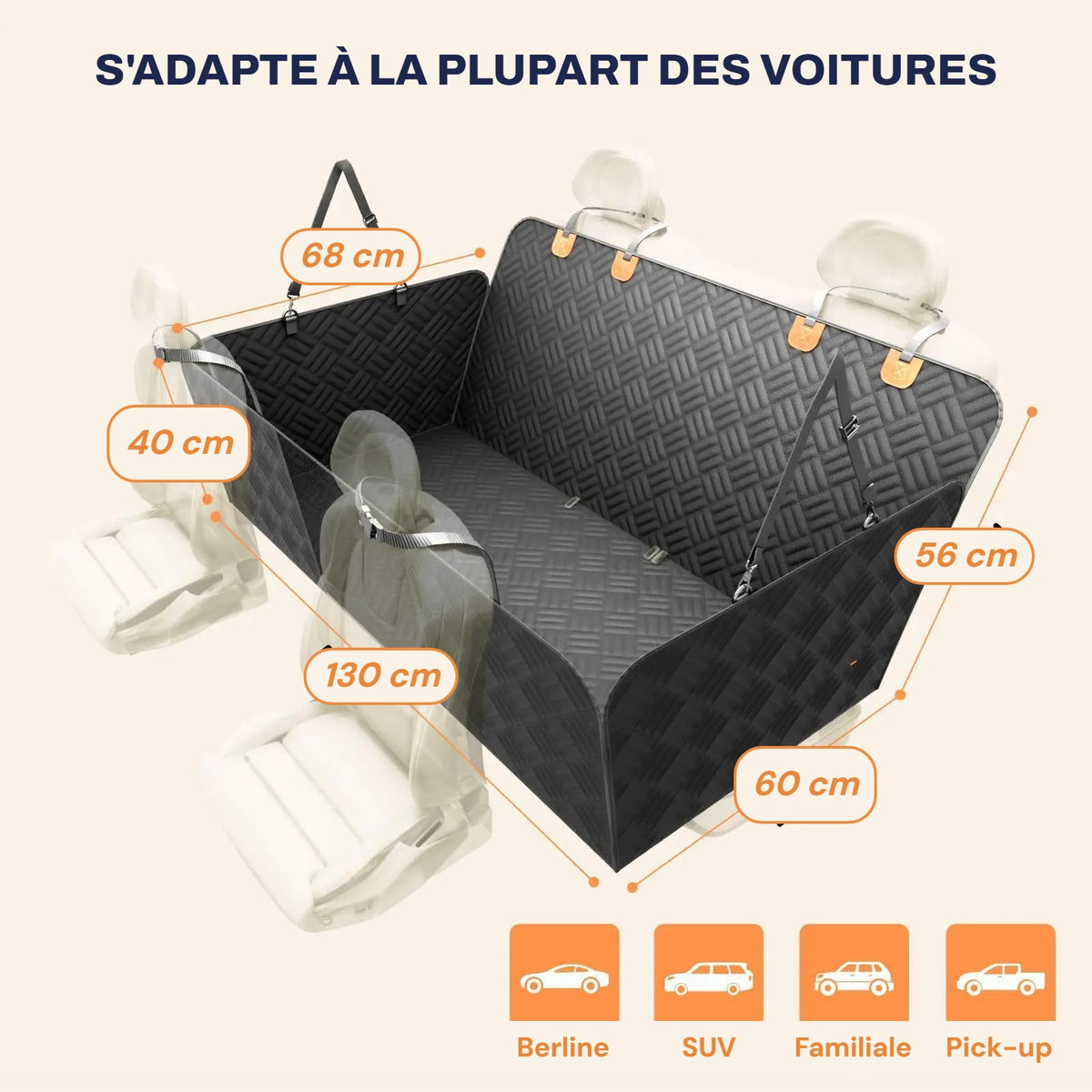 Dimensions de la housse PatMoov : 130 cm de large, 60 cm de profondeur, 56 cm de dossier, rabats 40 cm
